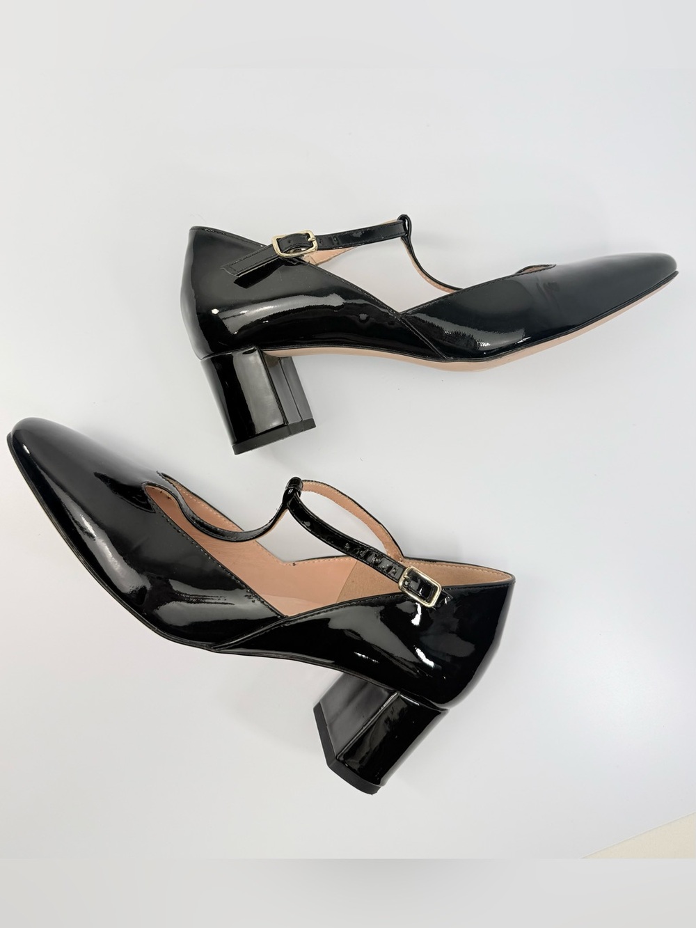 J. Crew MILLIE Black Patent Leather Glossy T Strap Block Heel Classic Shoes - Picture 3 of 15